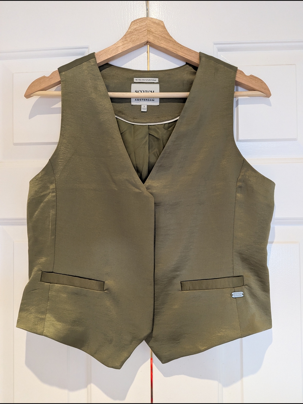 Women's Scotch & Soda Olive Green Satin Tailored Vest Minimalist Chic 90s Y2K